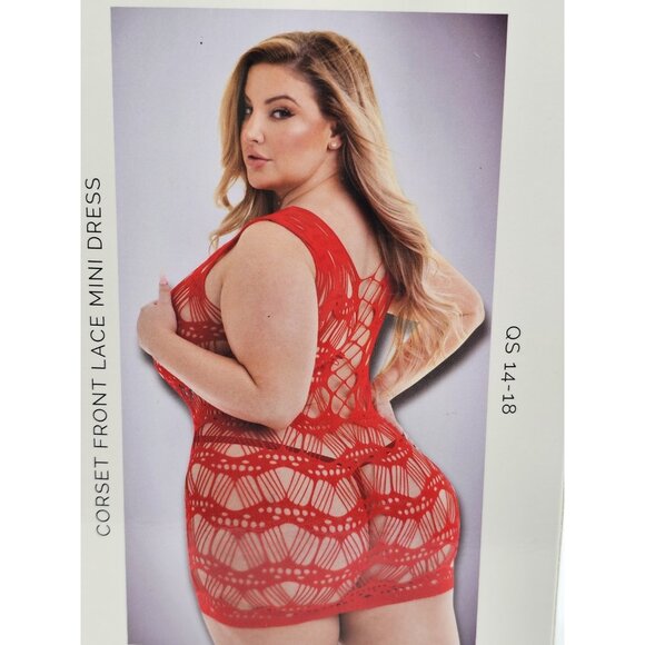 Baci Lingerie Women's Queen Size 14-18 Red Sheer Corset Front Lace Mini Dress - Picture 5 of 7